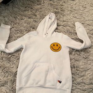 Aviator Nation White Hoodie with Yellow Smiley Face Accent